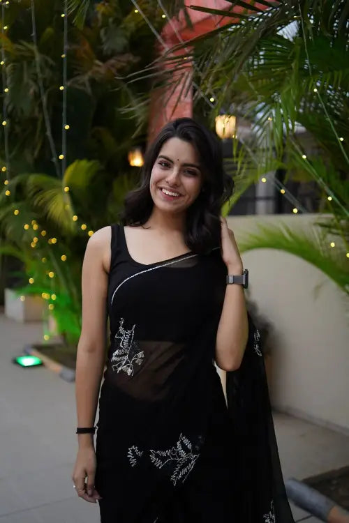 Black Handwork Pure Chiffon Saree