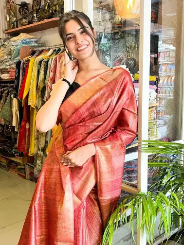 BRICK RED PURE TISSUE TUSSAR SAREE