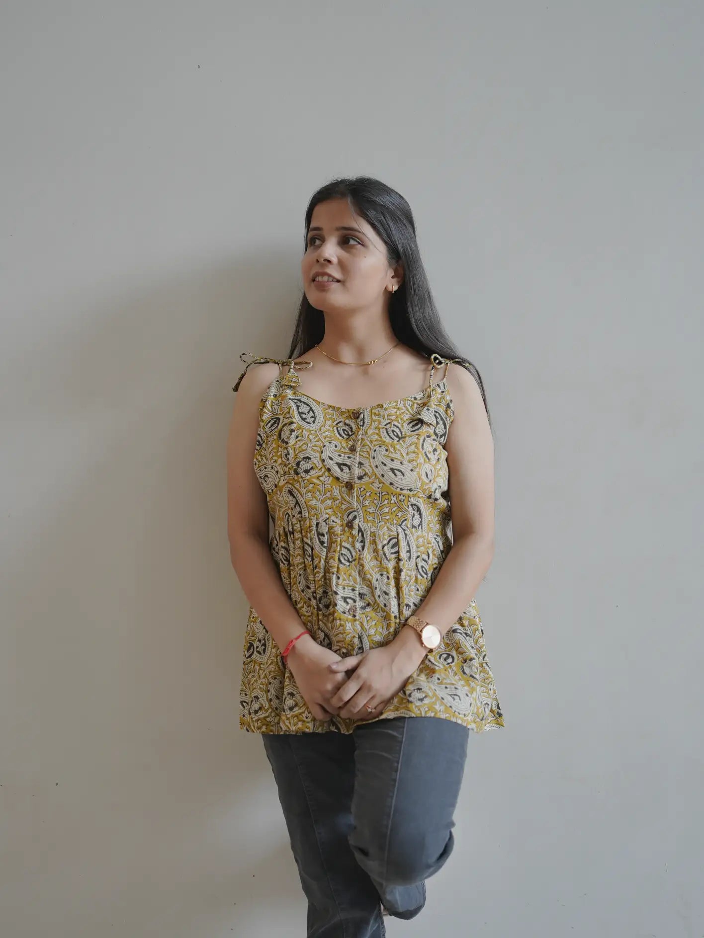 Mustard Handblock Cotton Tie Strap Top