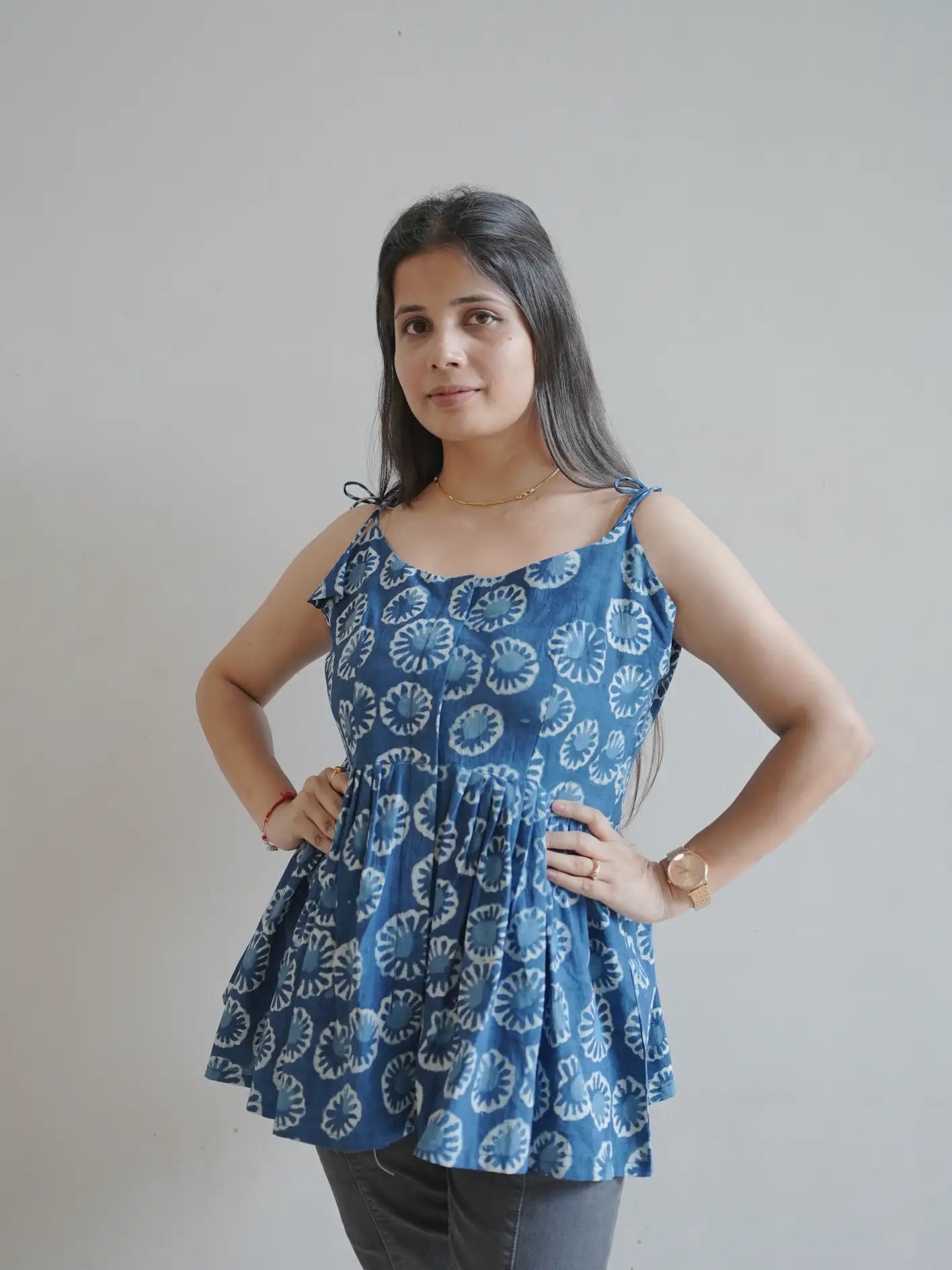 Indigo Handblock Cotton Tie strap top