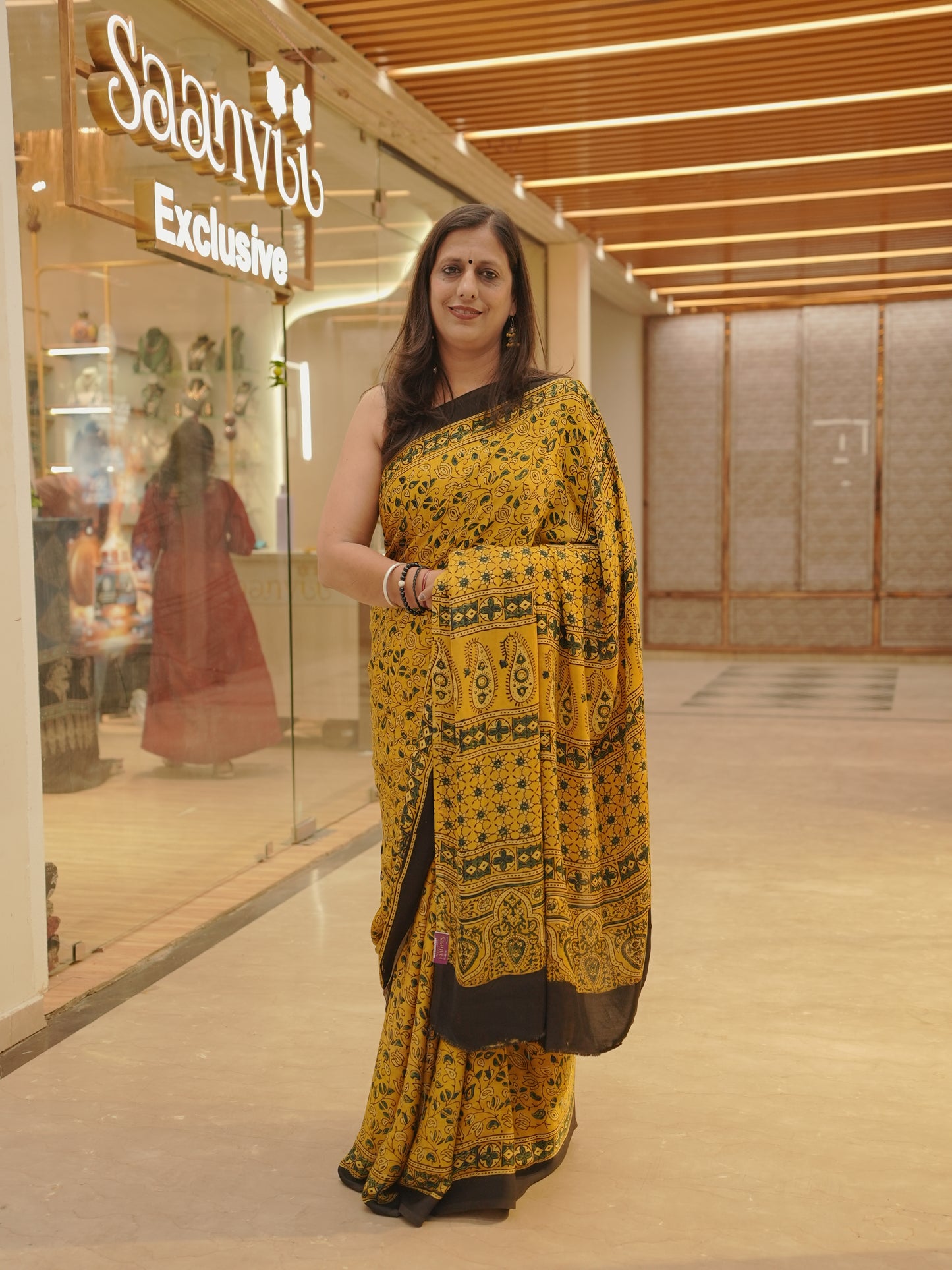 Mustard Black Modal Silk Handblock Saree