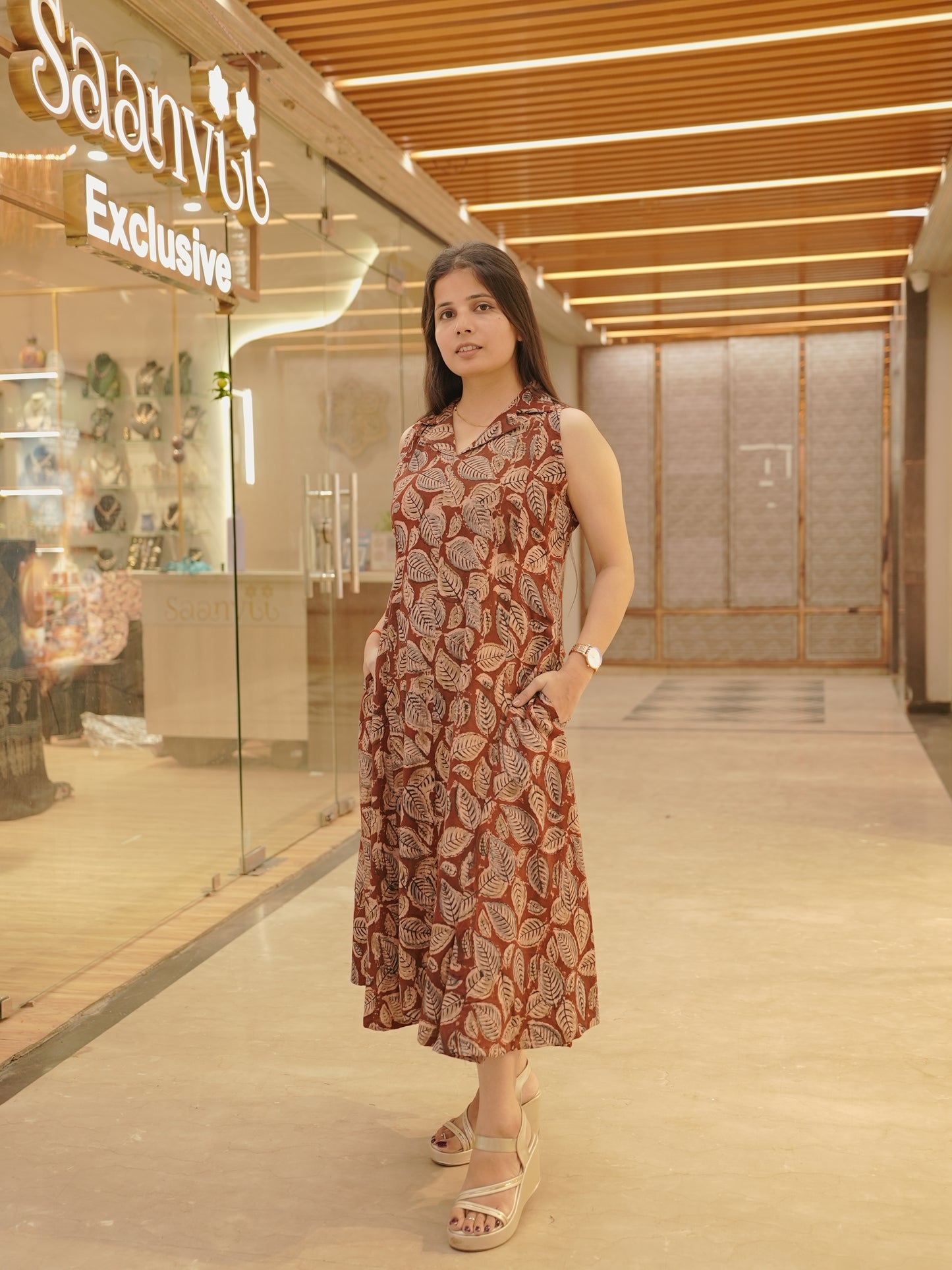 Rust Leaf Handblock Cotton Dress