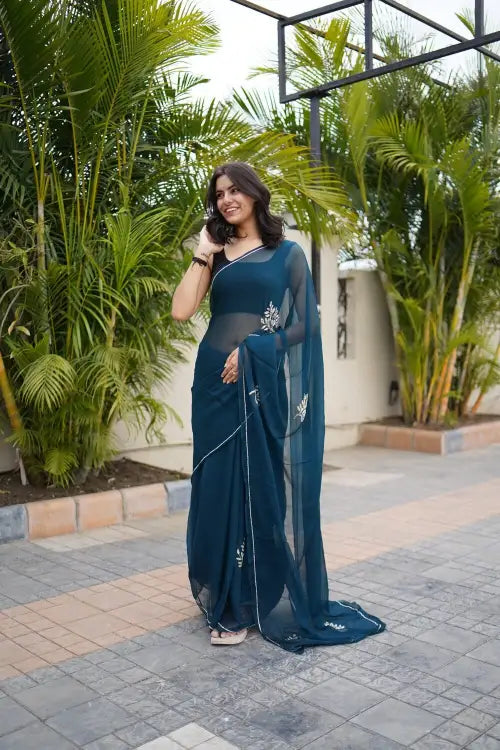 Blue Handwork Pure Chiffon Saree