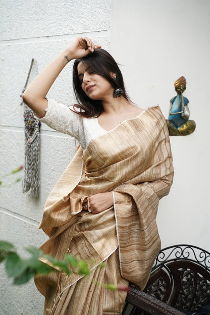 GOLDEN TISSUE TUSSAR SAREE