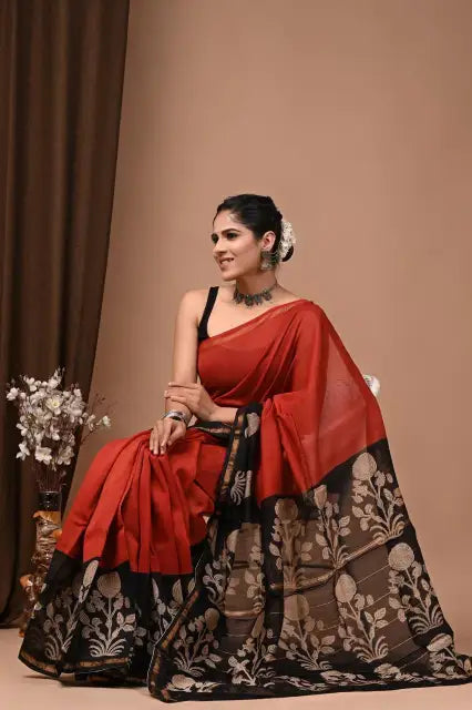 Chanderi Handblock Saree – Maroon with Gold Floral Pallu