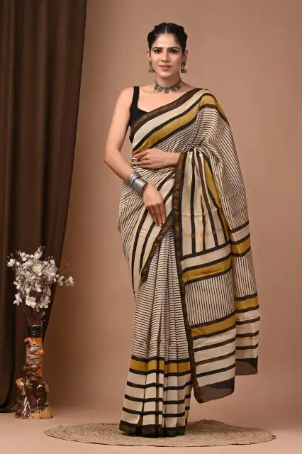 Cream Mustard Striped Chanderi Handblock Saree