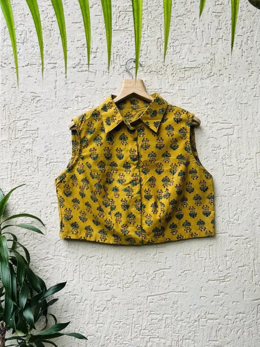 YELLOW AJRAKH COTTON TOP/BLOUSE
