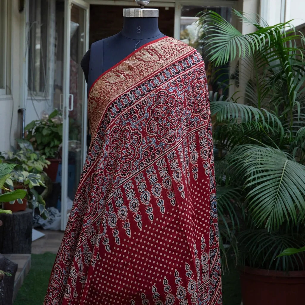 Pure dola silk Ajrak handblock saree with heavy pallu