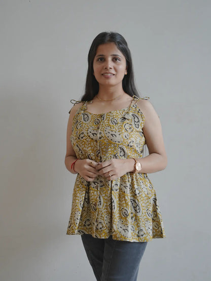 Mustard Handblock Cotton Tie Strap Top