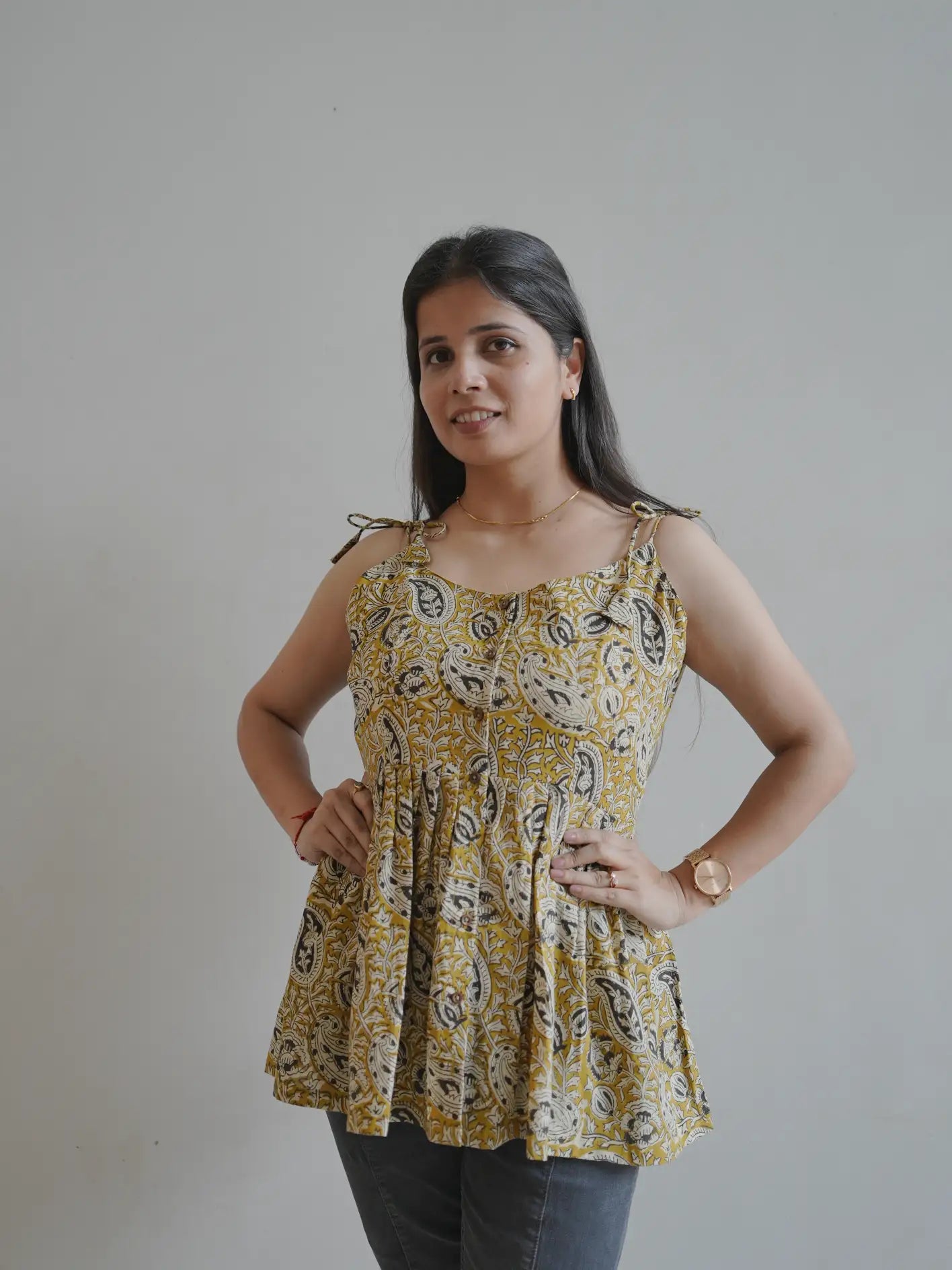 Mustard Handblock Cotton Tie Strap Top