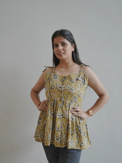 Mustard Handblock Cotton Tie Strap Top