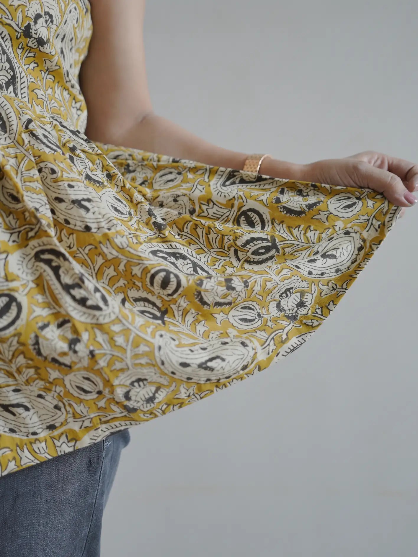 Mustard Handblock Cotton Tie Strap Top