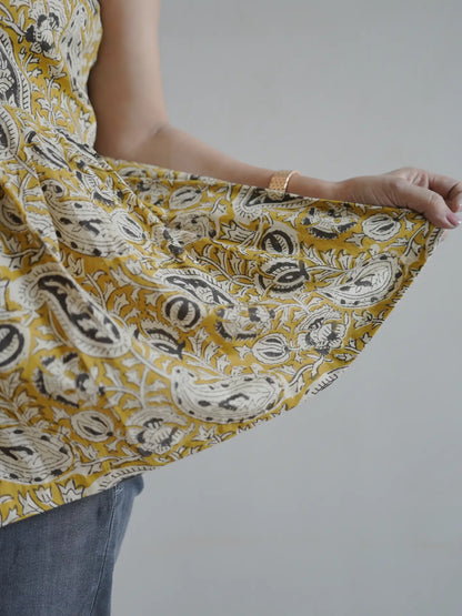 Mustard Handblock Cotton Tie Strap Top