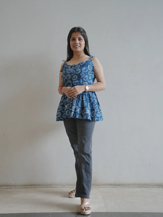 Indigo Handblock Cotton Tie strap top