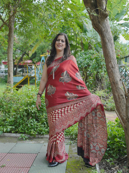 Maroon Pure Modal Silk Handblock Saree