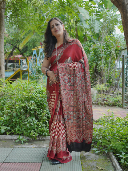 Maroon Pure Modal Silk Handblock Saree
