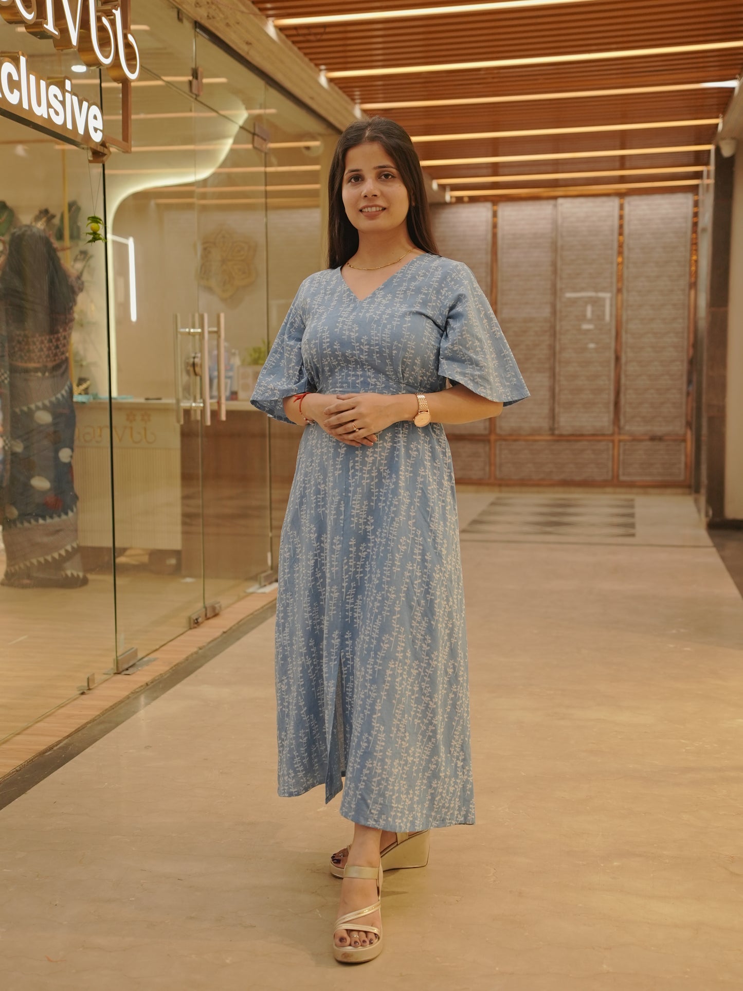 Flowy Sky Blue Handcrafted Cotton Dress