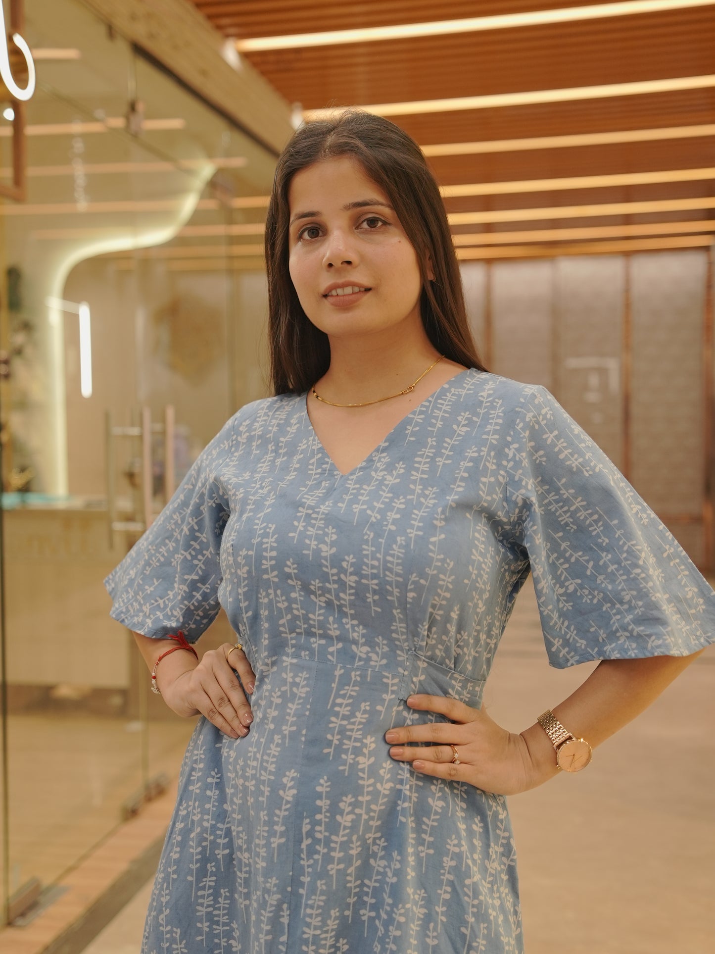 Flowy Sky Blue Handcrafted Cotton Dress