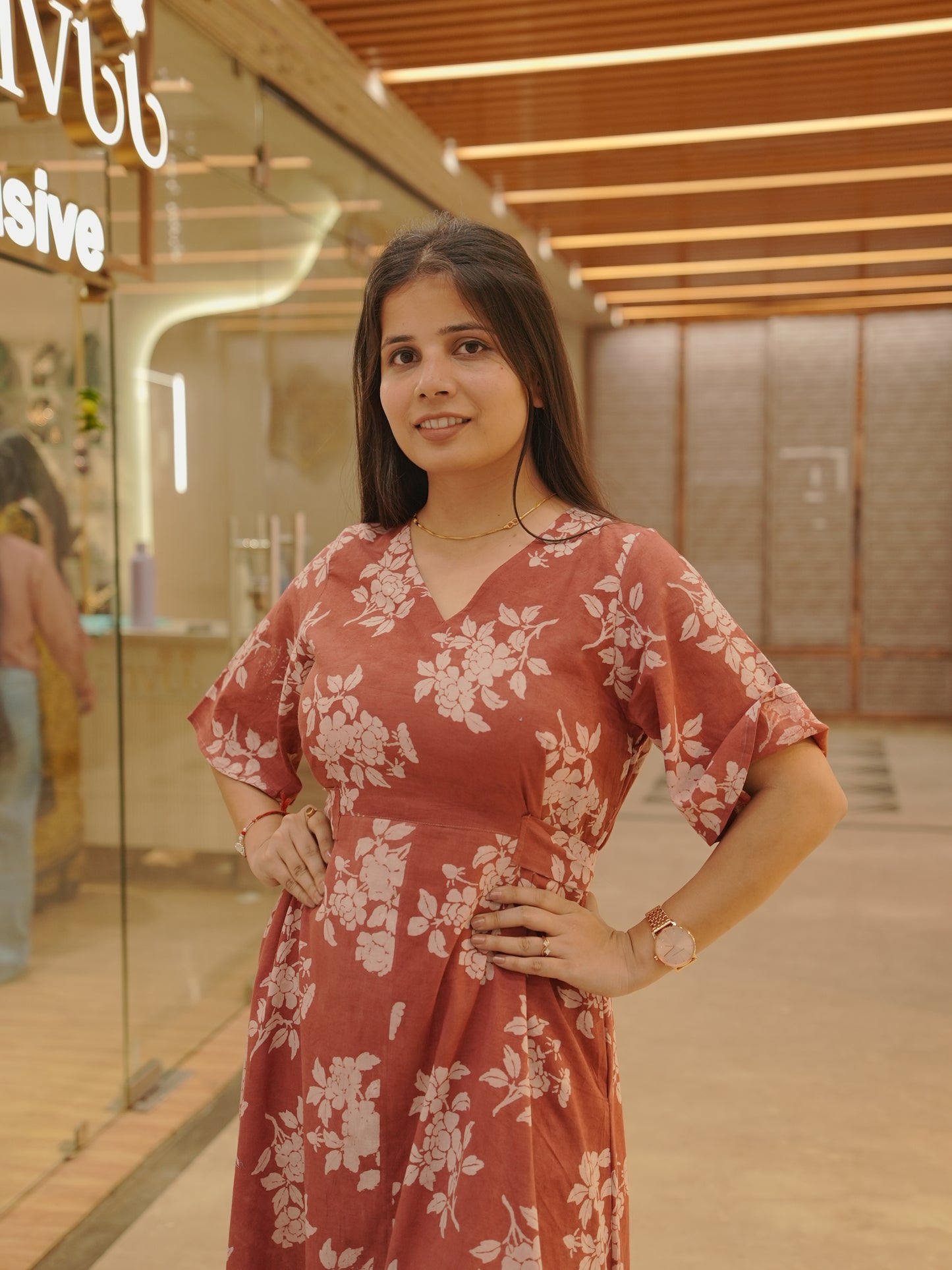 Peachish red Floral Cotton Dress
