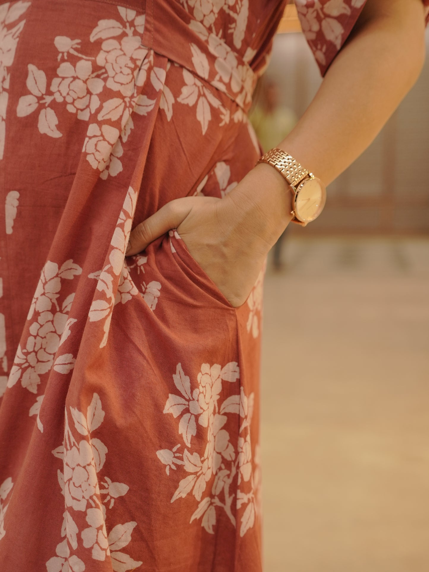 Peachish red Floral Cotton Dress