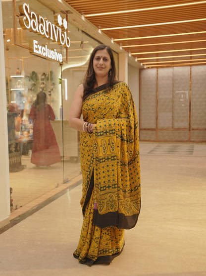 Mustard Black Modal Silk Handblock Saree