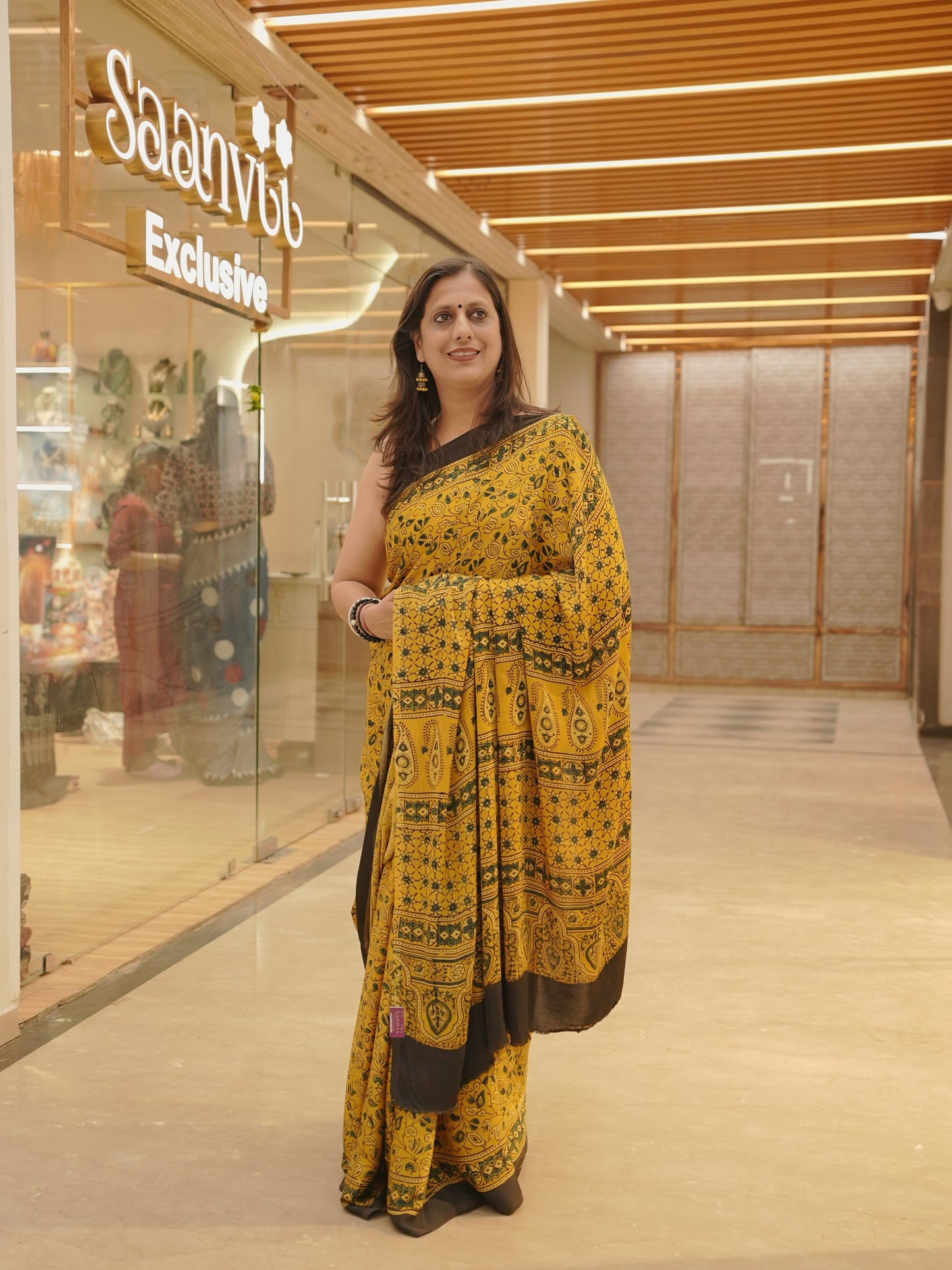 Mustard Black Modal Silk Handblock Saree