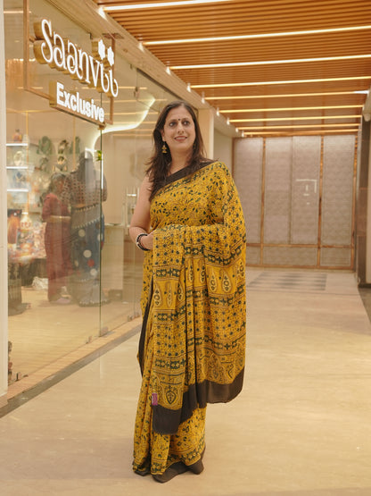 Mustard Black Modal Silk Handblock Saree