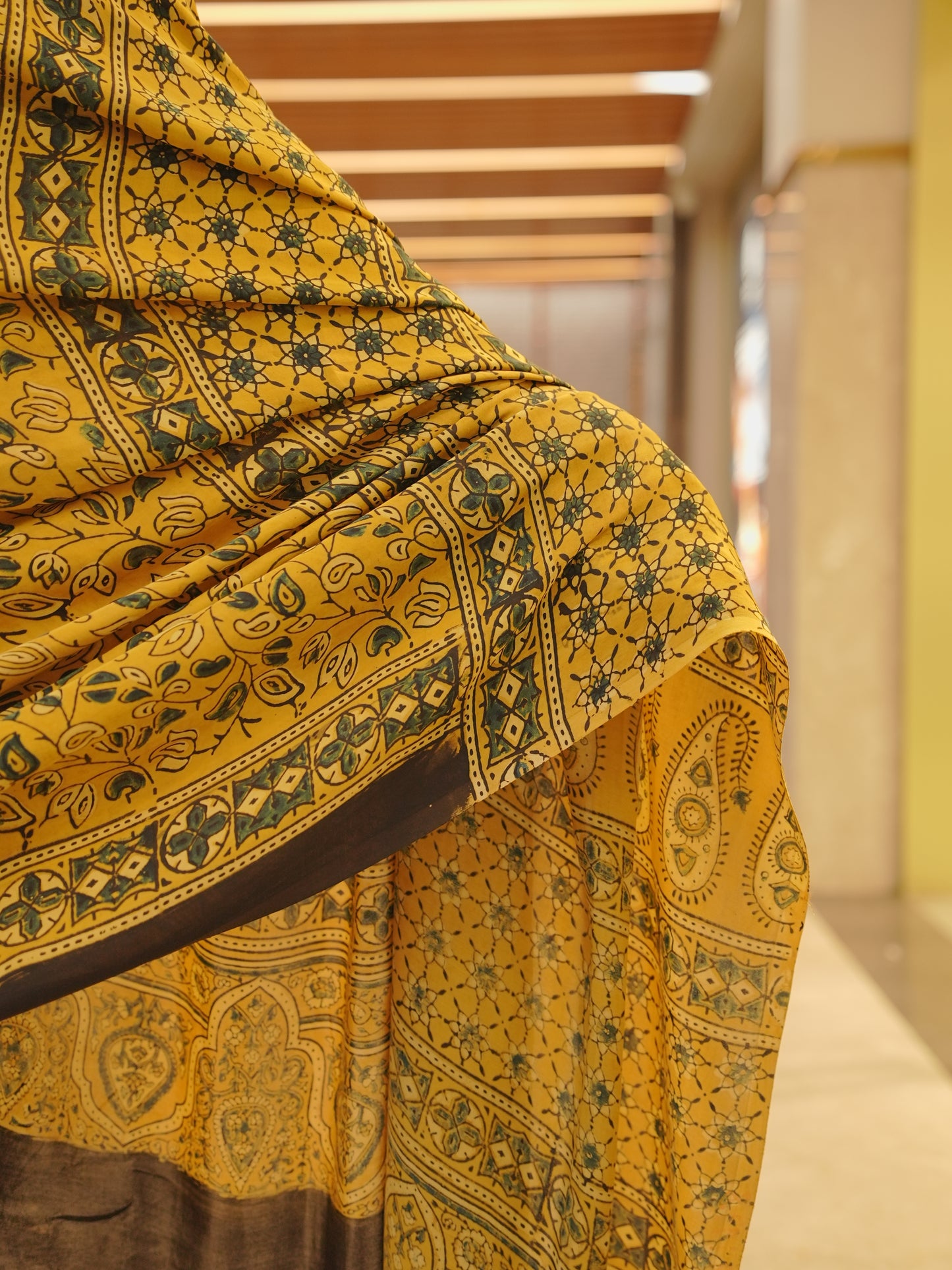 Mustard Black Modal Silk Handblock Saree