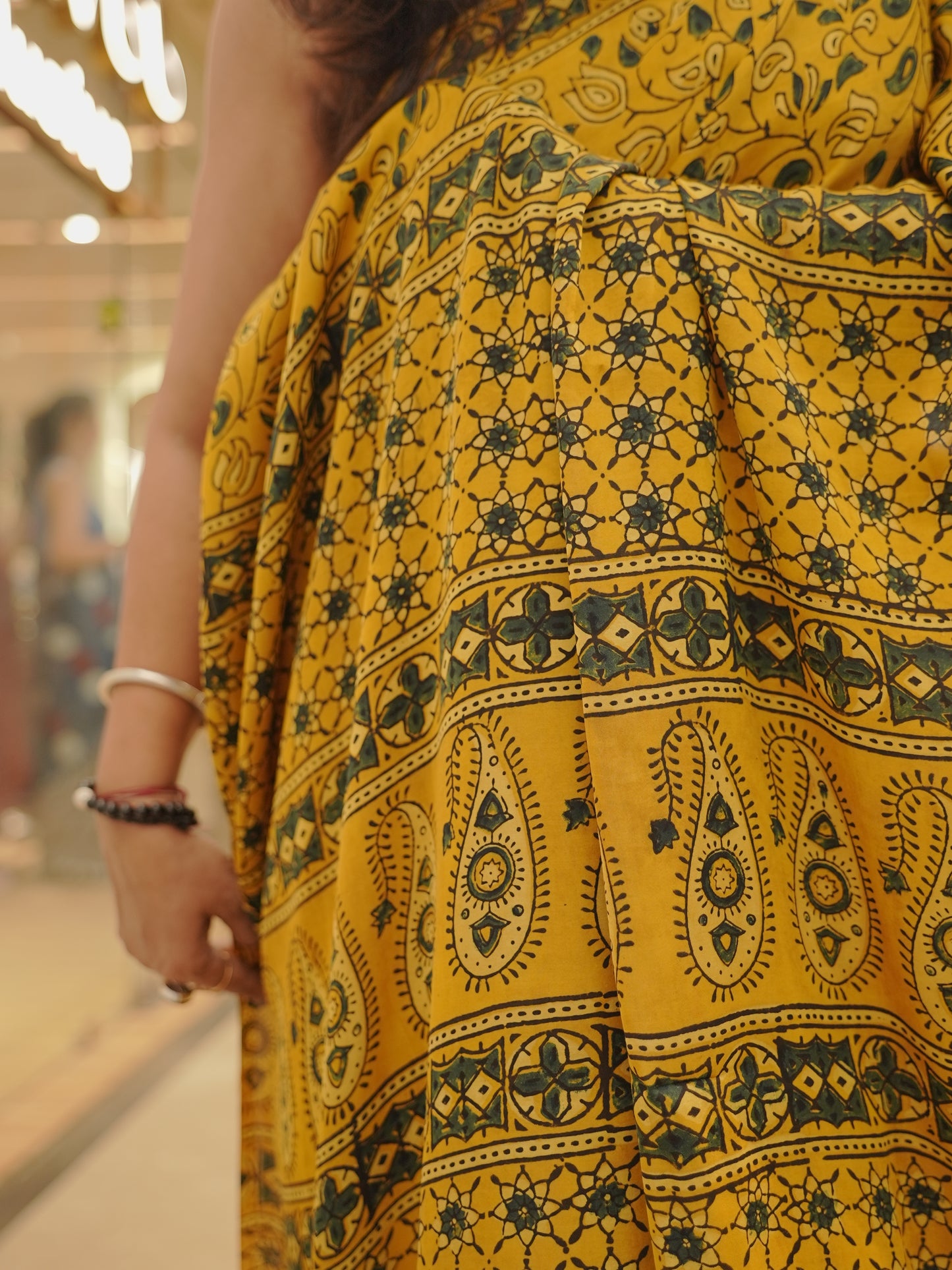 Mustard Black Modal Silk Handblock Saree