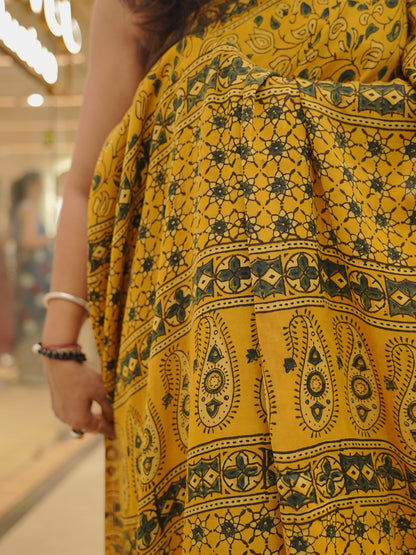 Mustard Black Modal Silk Handblock Saree