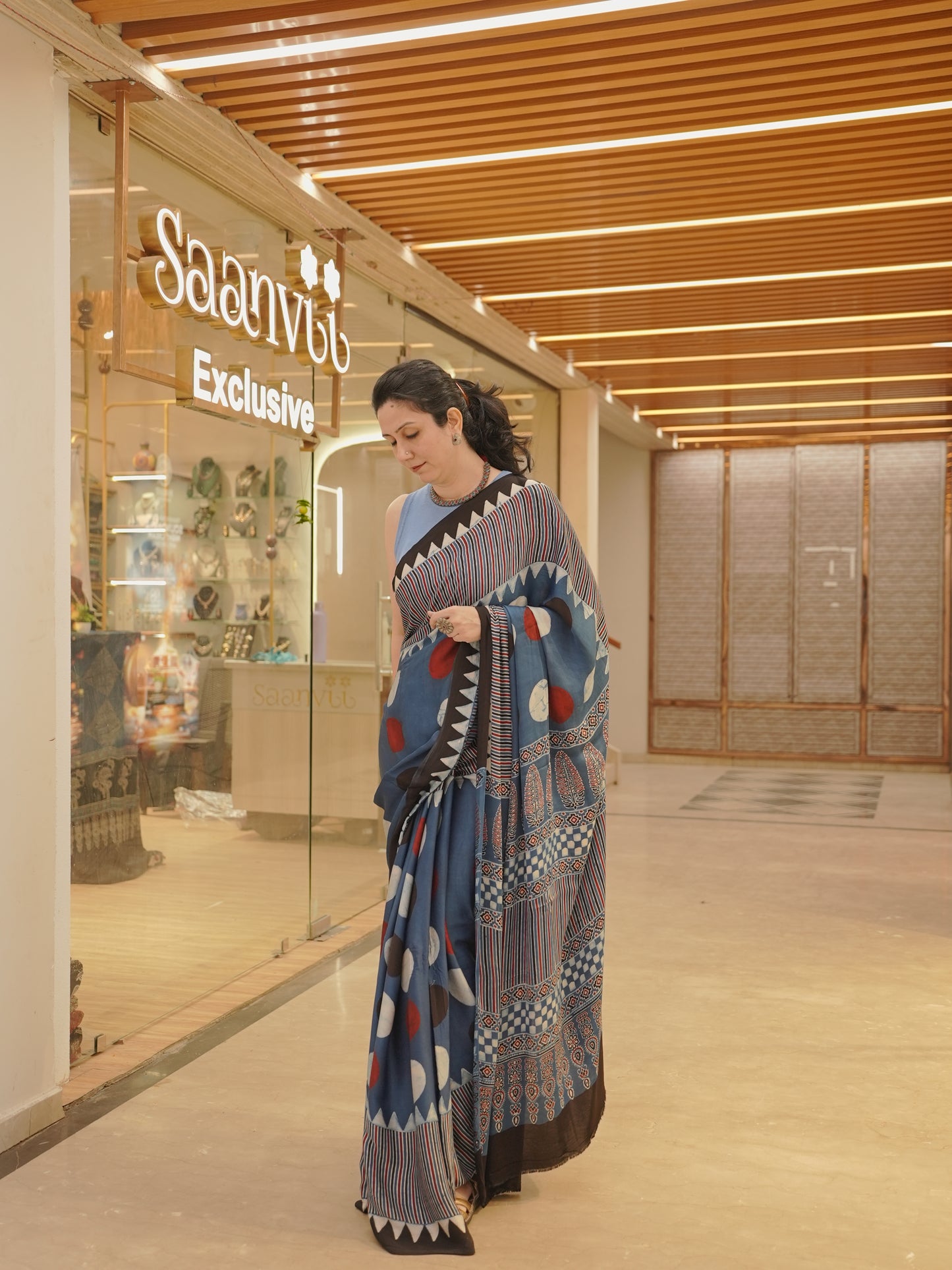 Geometric print blue Modal Silk Handblock Saree