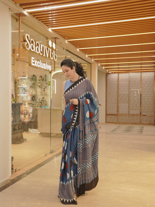 Geometric print blue Modal Silk Handblock Saree