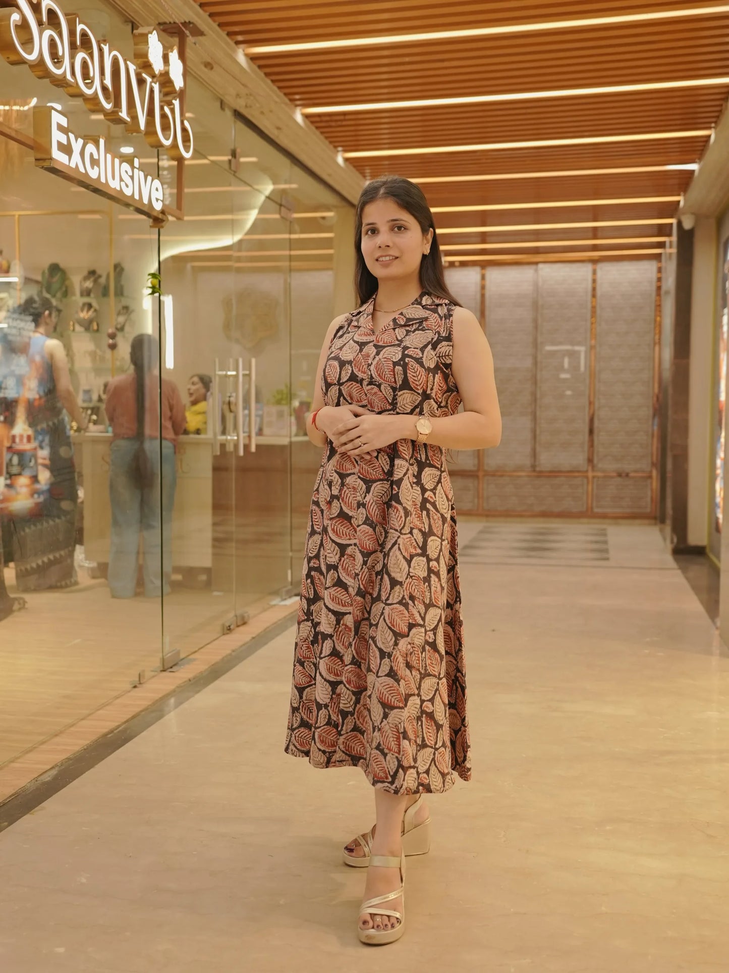 Handblock Leaf Motif Cotton Maxi Dress