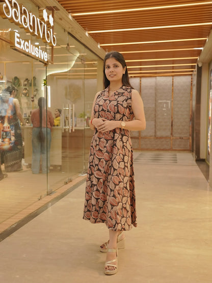 Handblock Leaf Motif Cotton Maxi Dress