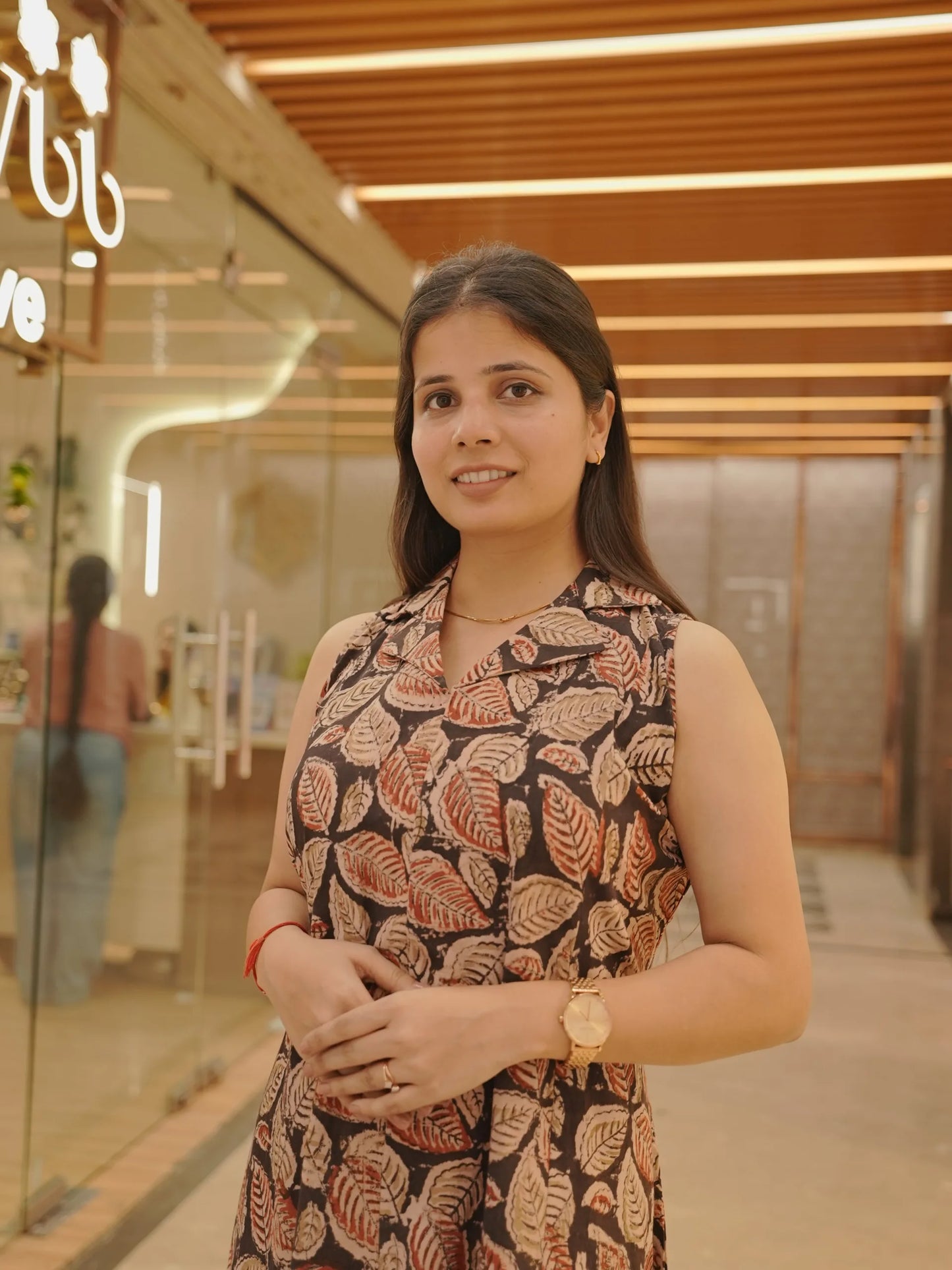 Handblock Leaf Motif Cotton Maxi Dress