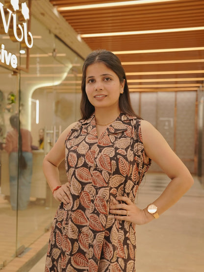 Handblock Leaf Motif Cotton Maxi Dress