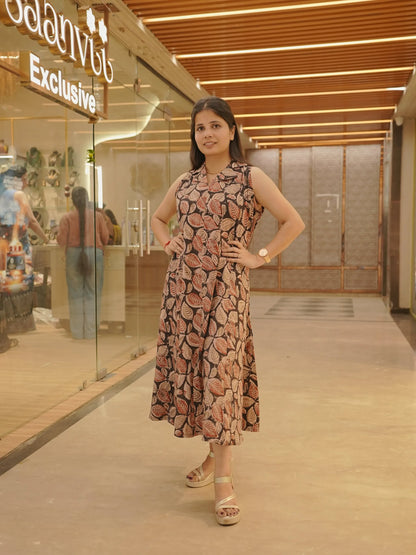 Handblock Leaf Motif Cotton Maxi Dress