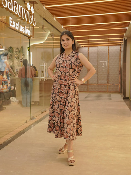 Handblock Leaf Motif Cotton Maxi Dress