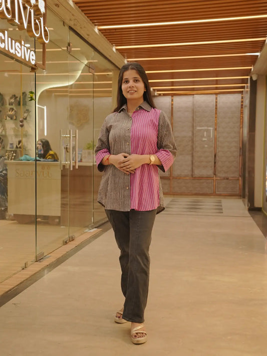 Grey pink Geometric pure Cotton Shirt