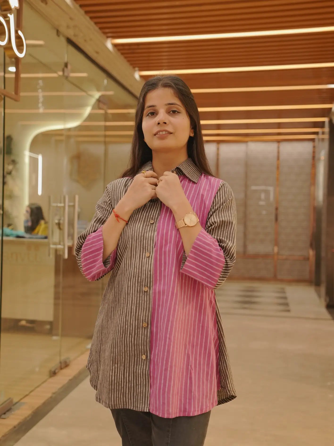 Grey pink Geometric pure Cotton Shirt