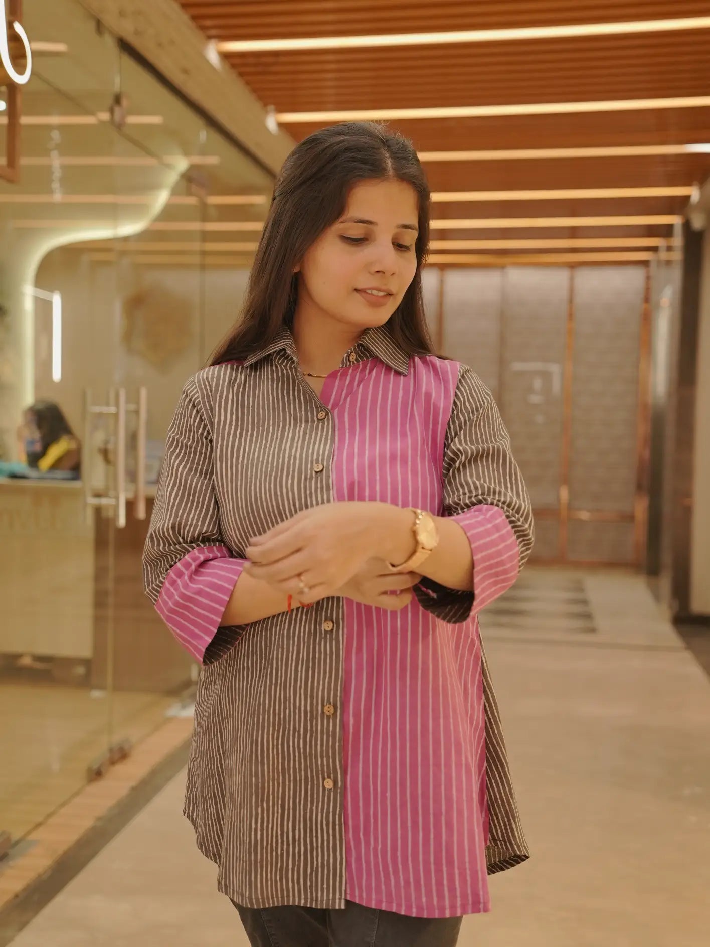 Grey pink Geometric pure Cotton Shirt