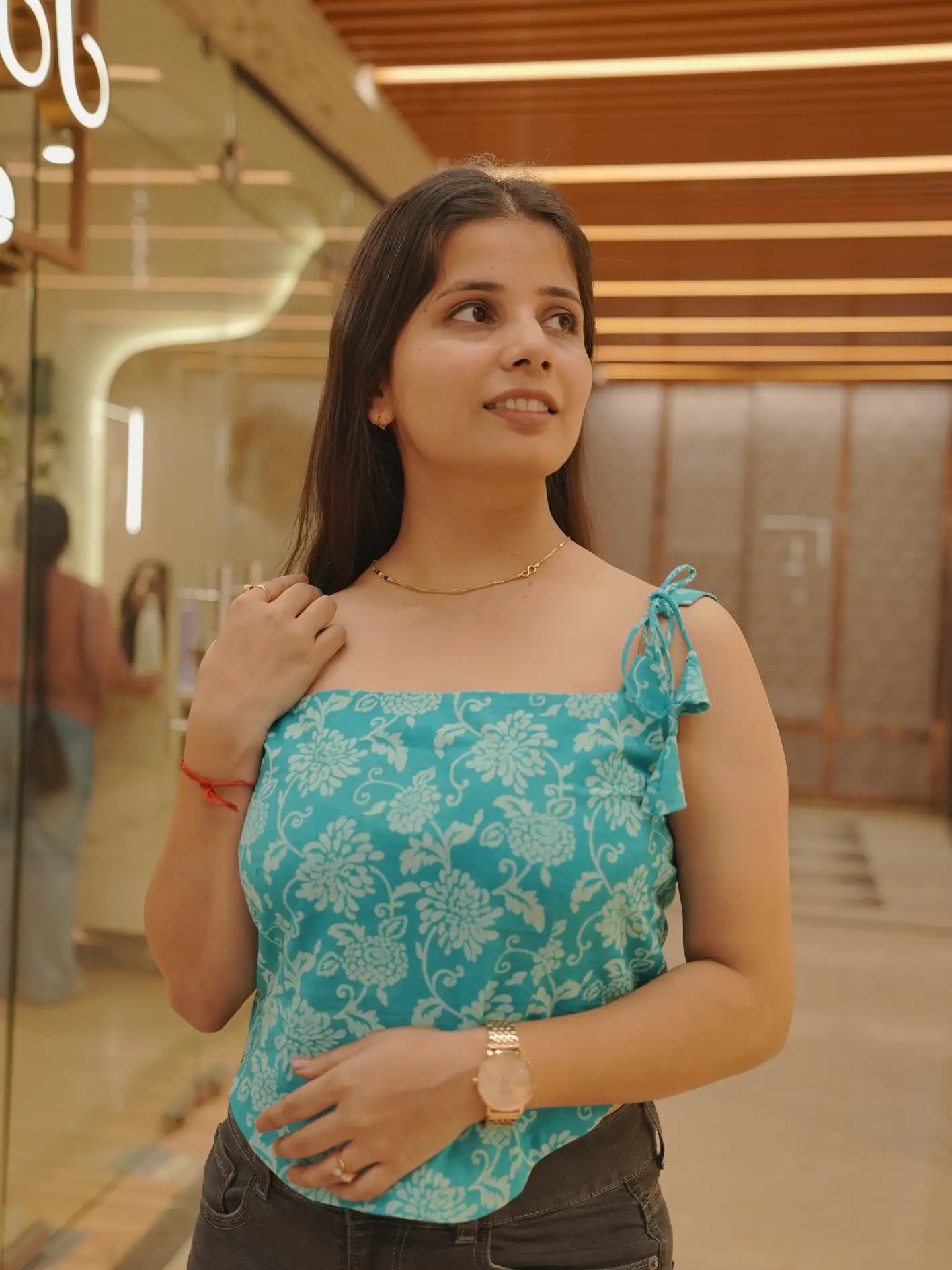 Turquoise Blue Floral Cotton Tie Strap Top