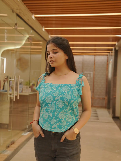 Turquoise Blue Floral Cotton Tie Strap Top