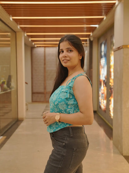 Turquoise Blue Floral Cotton Tie Strap Top