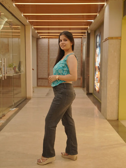 Turquoise Blue Floral Cotton Tie Strap Top